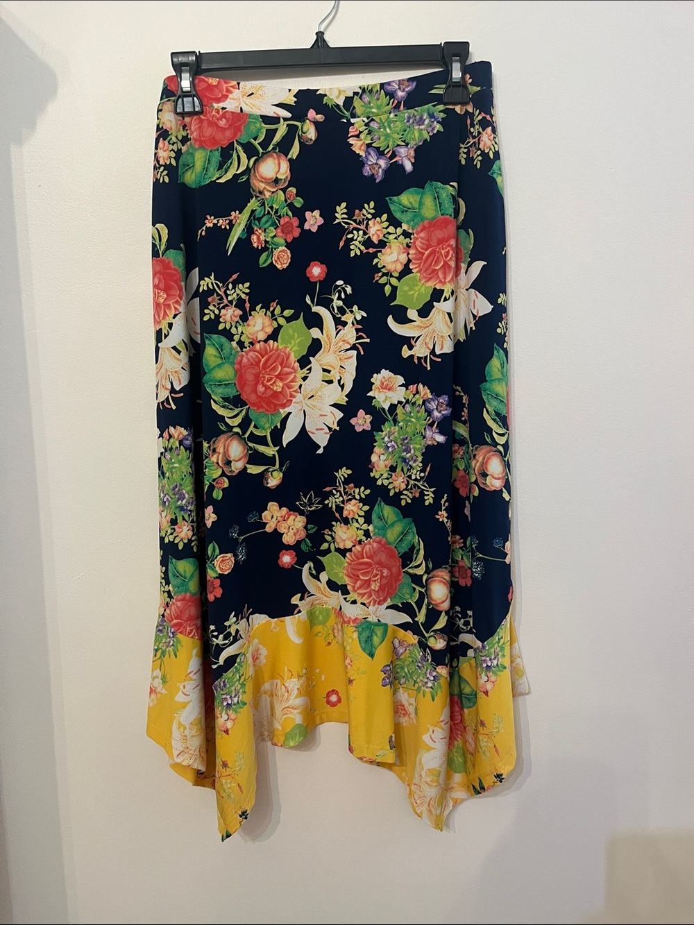 Rafella M Floral Asymmetric Midi Skirt - Navy & Yellow with Boho feel